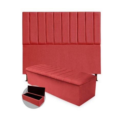 Kit Cabeceira + Calçadeira Baú Cancun King Size 195cm Suede - Ecotec Decor:Vermelho