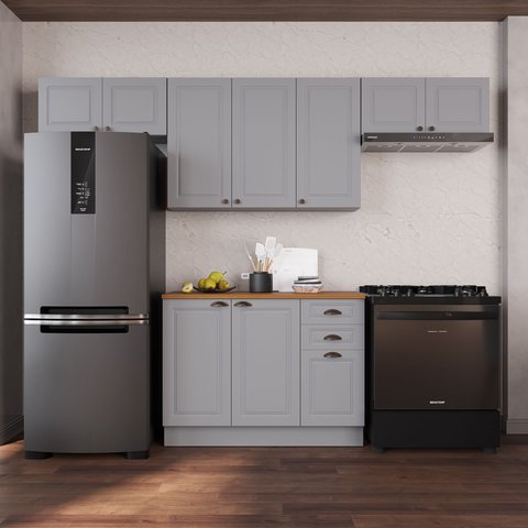 Coziha Modulada 4 Peças 1 Balcão com Tampo 3 Aéreos 100% MDF com Rodapé Bari Cinza/Titanio Fosco