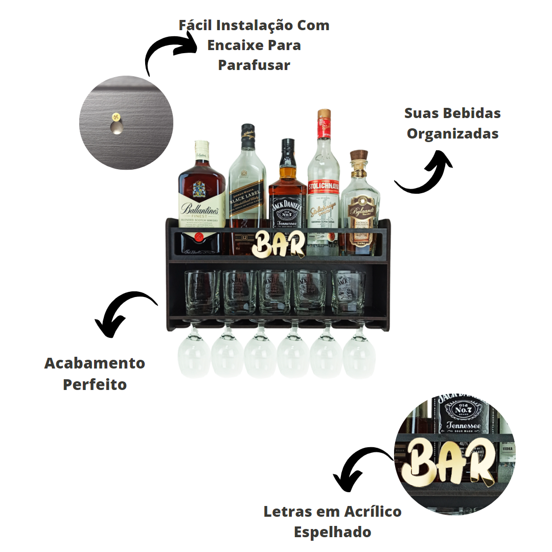 Barzinho de Parede Aparador Para Bebidas Para Sala Tema Bar - 49x26 Cor Preto - 2