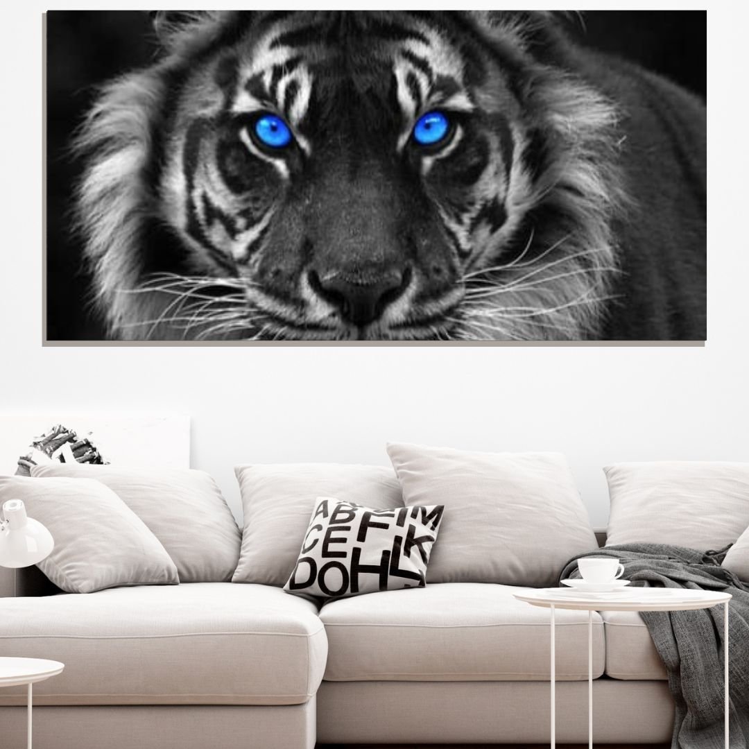 Quadro Decorativo Tigre Preto e Branco Olhos Azuis