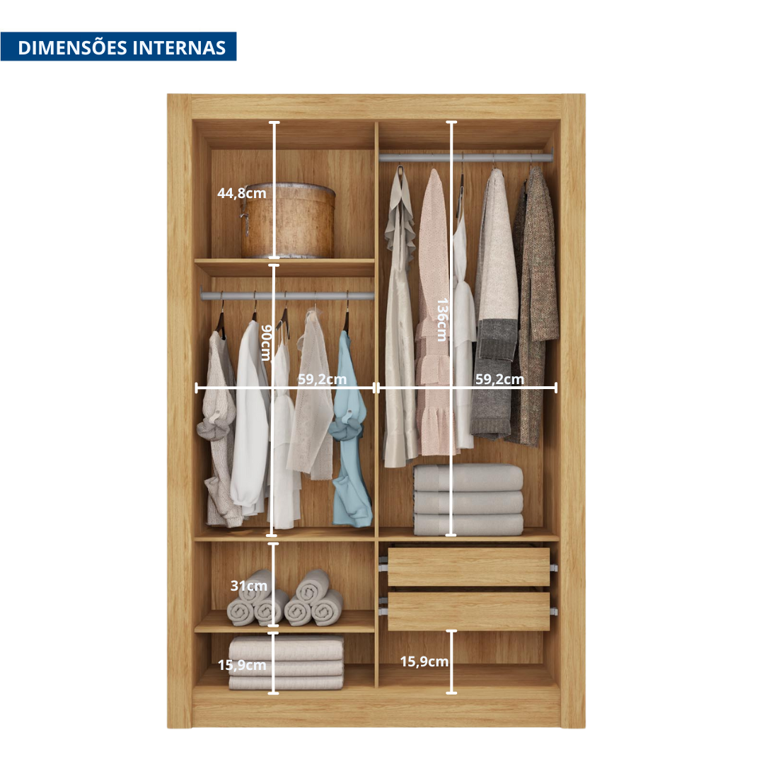 Guarda Roupas Solteiro com Espelhos 2 Portas de Correr 2 Gavetas Quito Espresso Móveis - 8