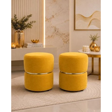 Kit Puff Cinta no Meio Prata ,em Tecido Veludo , Amarelo - Let  Móveis