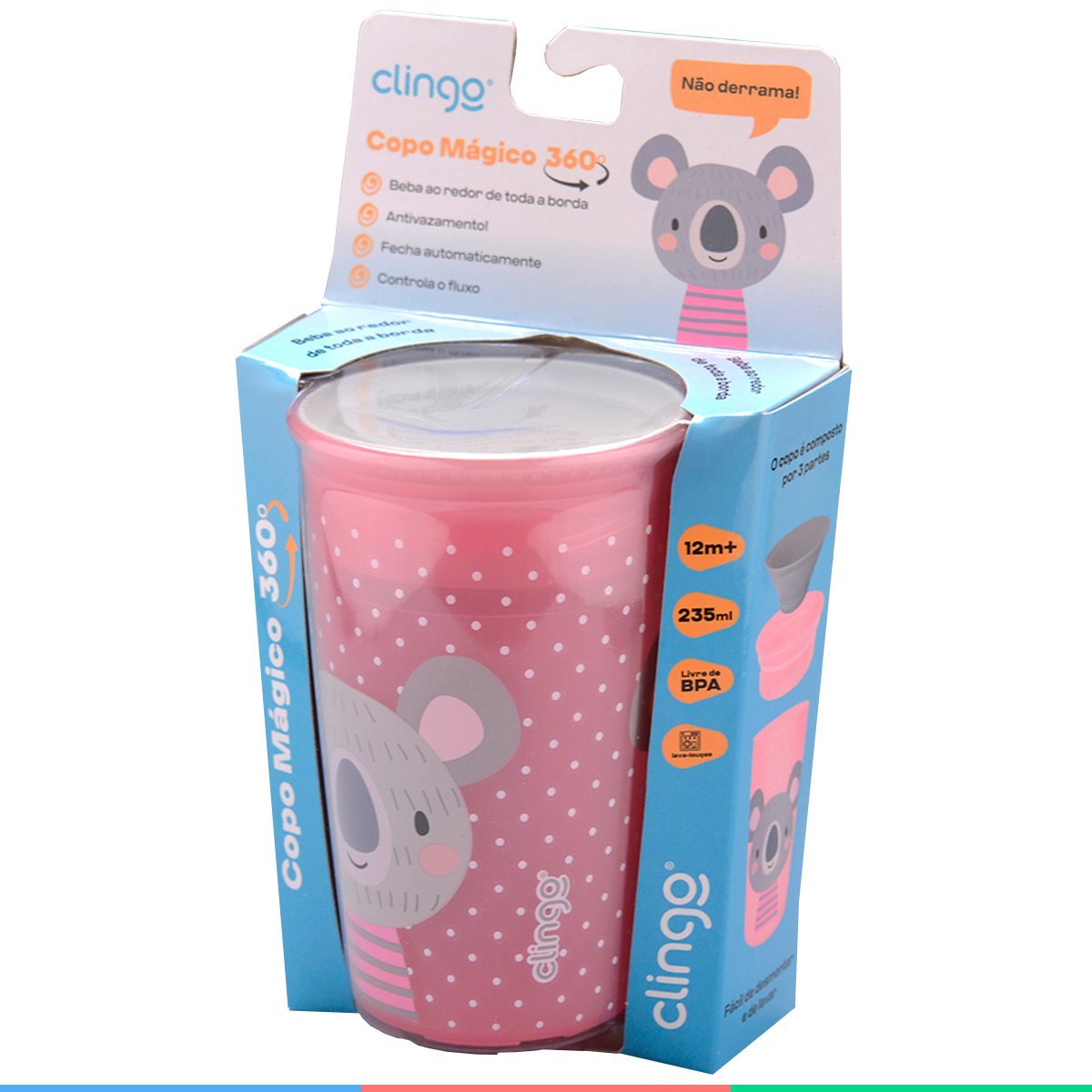 Copo Infantil Transição Para Bebês 12 Meses 360 Antivazamento Grande 235 mL Coala Rosa Clingo - 8