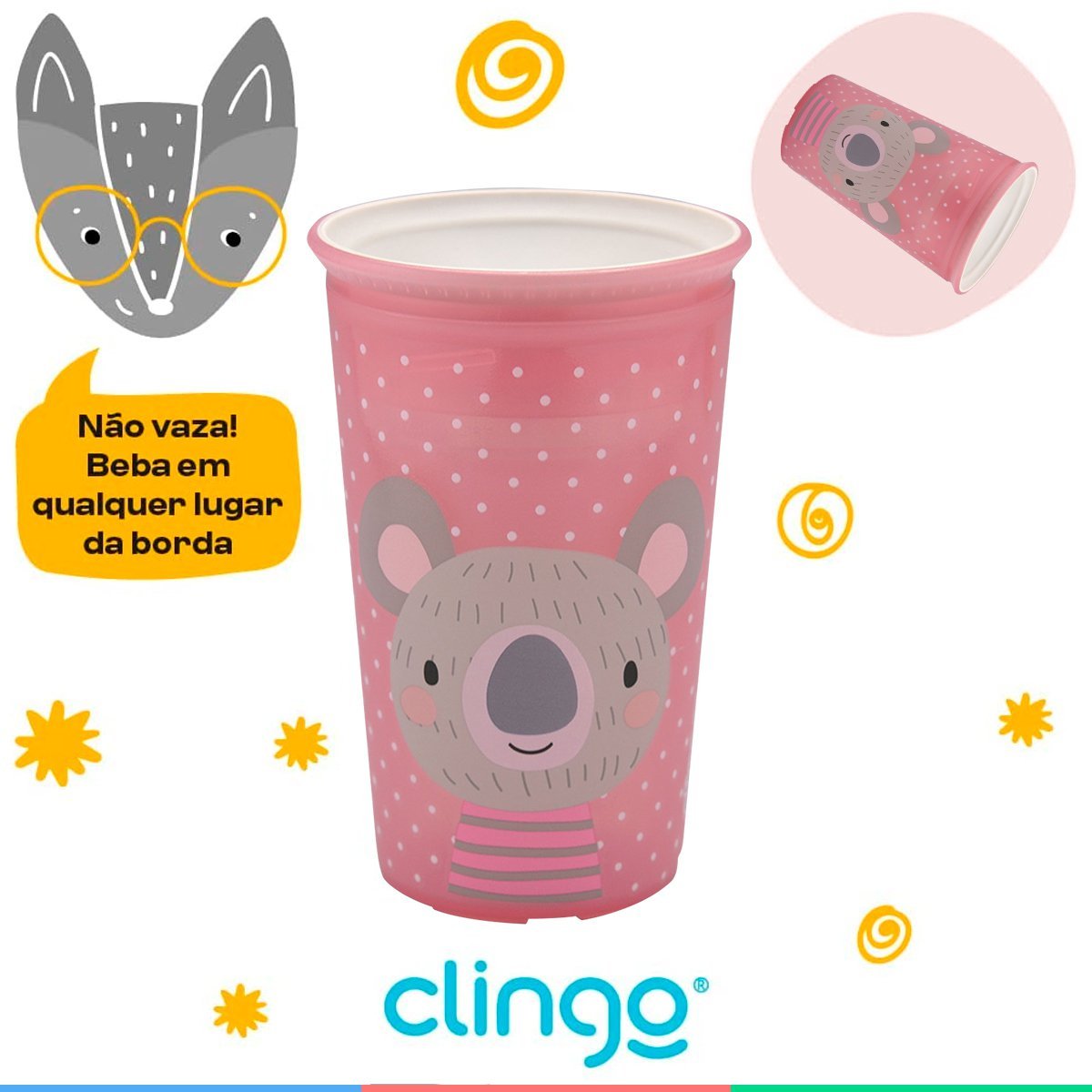 Copo Infantil Transição Para Bebês 12 Meses 360 Antivazamento Grande 235 mL Coala Rosa Clingo - 7