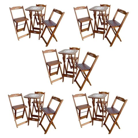 Kit 5 Conjuntos Bistrô Mesa com 3 Banquetas Dobráveis de Madeira Personalizada Hei - Imbuia