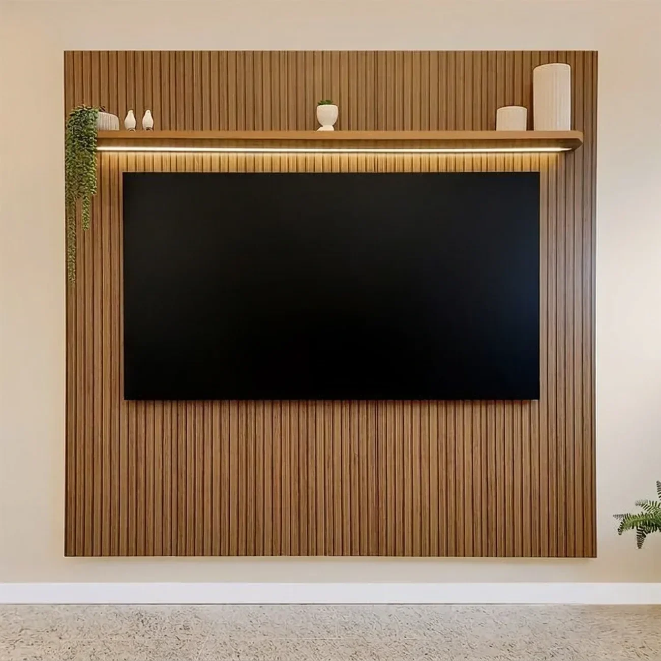 Ver imagem 1 de Painel para TV até 75 Polegadas Efeito Ripado 3D com LED 183x185,5 cm Liverpool Yescasa Marrom