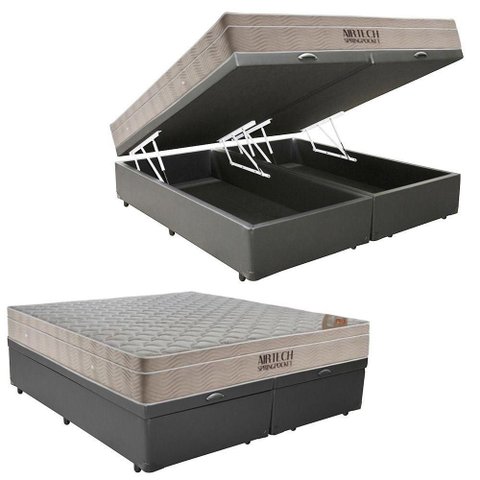 Cama Box Baú King Sintético Bipartido + Colchão Ortobom Airtech Molas Ensacadas 65x193x203 Cor: