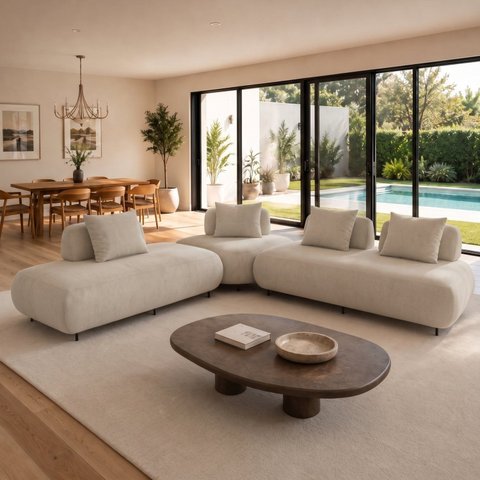 Sofá de Canto Modulado Orgânico com Almofadas e Base Madeira Maciça 280CMX340CM Madri