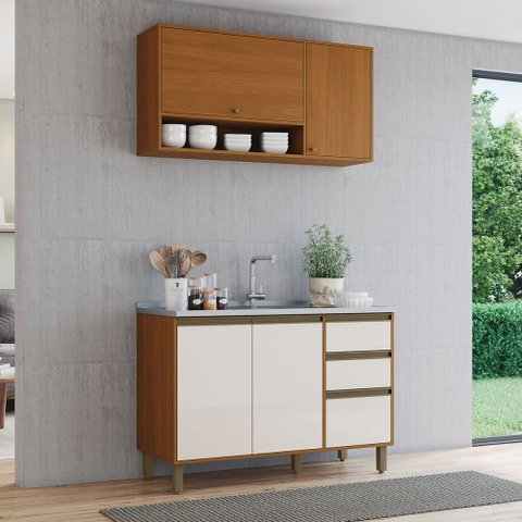 Cozinha Compacta Venaly 5 Portas 2 Gavetas 2 Prateleiras Cinamomo/Off White - Henn