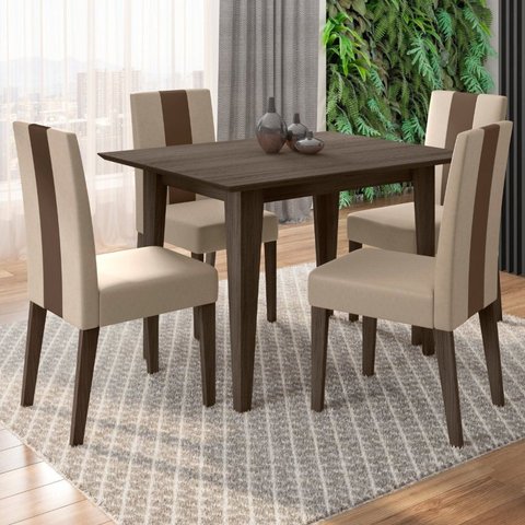 Conjunto Mesa de Jantar Kate 120cm 4 Cadeiras Linea Revestidas em Suede Amêndoa/Marfim Yescasa