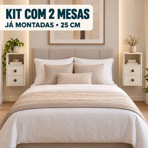 Kit 2 Mesas Cabeceira Suspensas 25cm com 2 Gavetas e Nicho MDF 15mm Off White Mesa de Cabeceira Mont