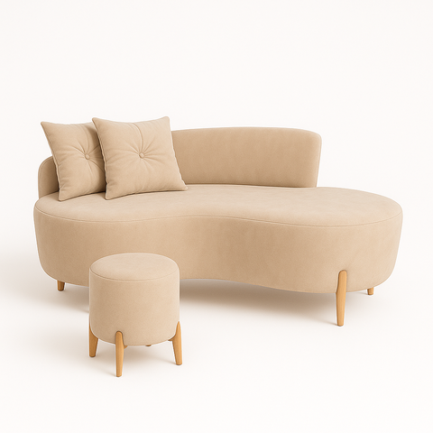 Conjunto Sofá Curvo Orgânico + 01 Puff Luna Boucle Bege - Montanaris Decor