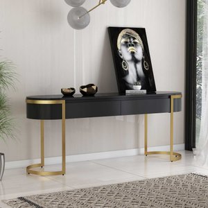 Aparador 2 Gvetas Pé Aço Carbono Dourado Vidro Pintado Preto Arkadina 1800