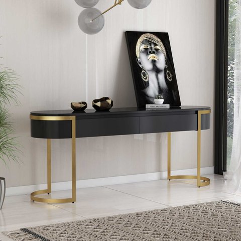 Aparador 2 Gvetas Pé Aço Carbono Dourado Vidro Pintado Preto Arkadina 1800