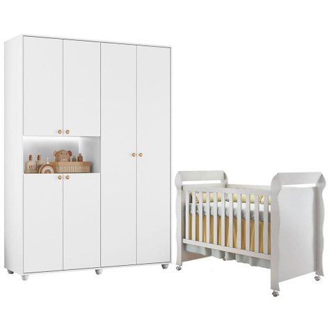Berço Americano Mirelle com Guarda Roupa Infantil Vittoria Branco- Móveis Albatroz