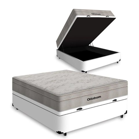 Cama Box com Baú Casal Branco + Colchão de Molas Ensacadas - Ortobom - Airtech Springpocket - 138x18