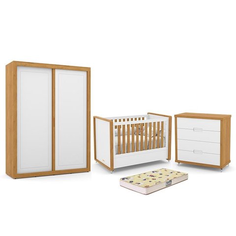 Dormitório Tutto New 2 Portas, Cômoda 4 Gavetas e Berço Branco Soft/Freijó com Colchão D18 - Matic M