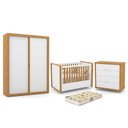 Ver imagem 1 de Dormitório Tutto New 2 Portas, Cômoda 4 Gavetas e Berço Branco Soft/Freijó com Colchão D18 - Matic M