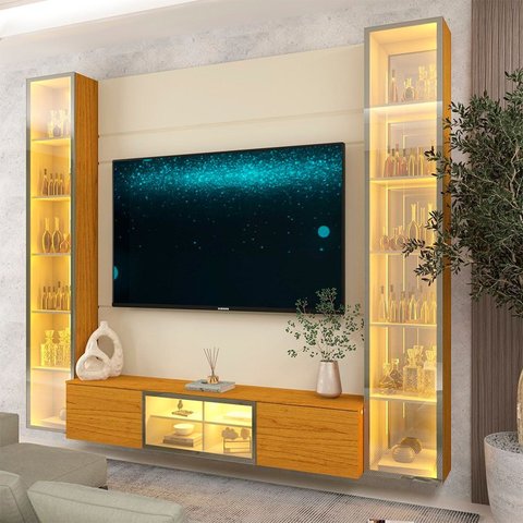 Estante para TV e Home Theater até 75 Polegadas Vidro Reflecta 100% MDF 226,4cmx217,6cm Led com Porta Luminare Bege Off White/Naturale