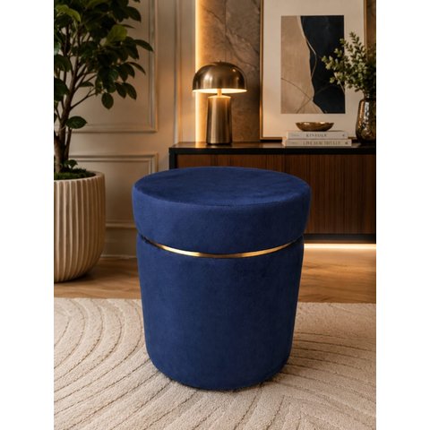 Puff com Cinta Superior Dourada, Azul Veludo - Let Móveis