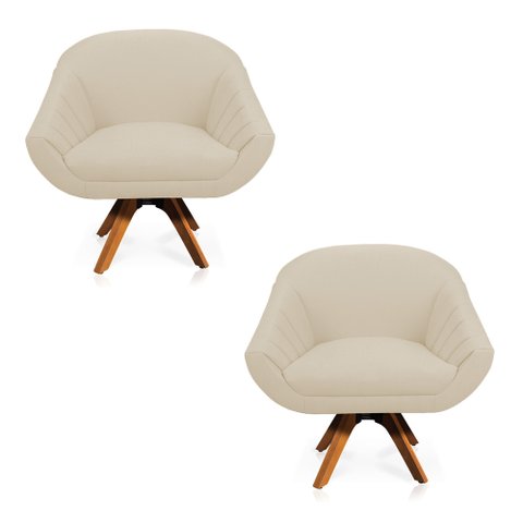 Kit 02 Poltronas Giratória Giovana Linho Base Madeira MM30 - D’Rossi - A19 Grosso Bege