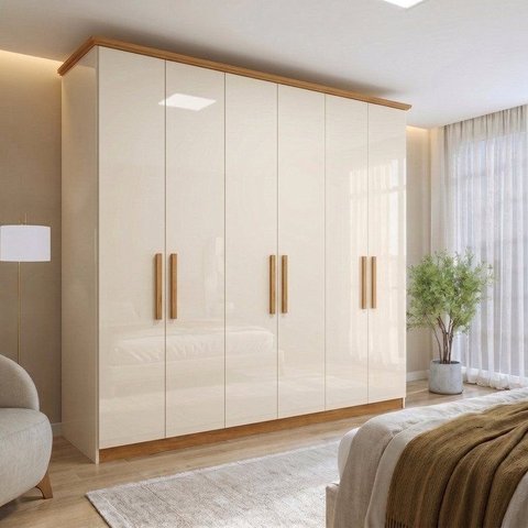 Guarda Roupa Casal 6 Portas 3 Gavetas Cover Bege/Off White/Nature