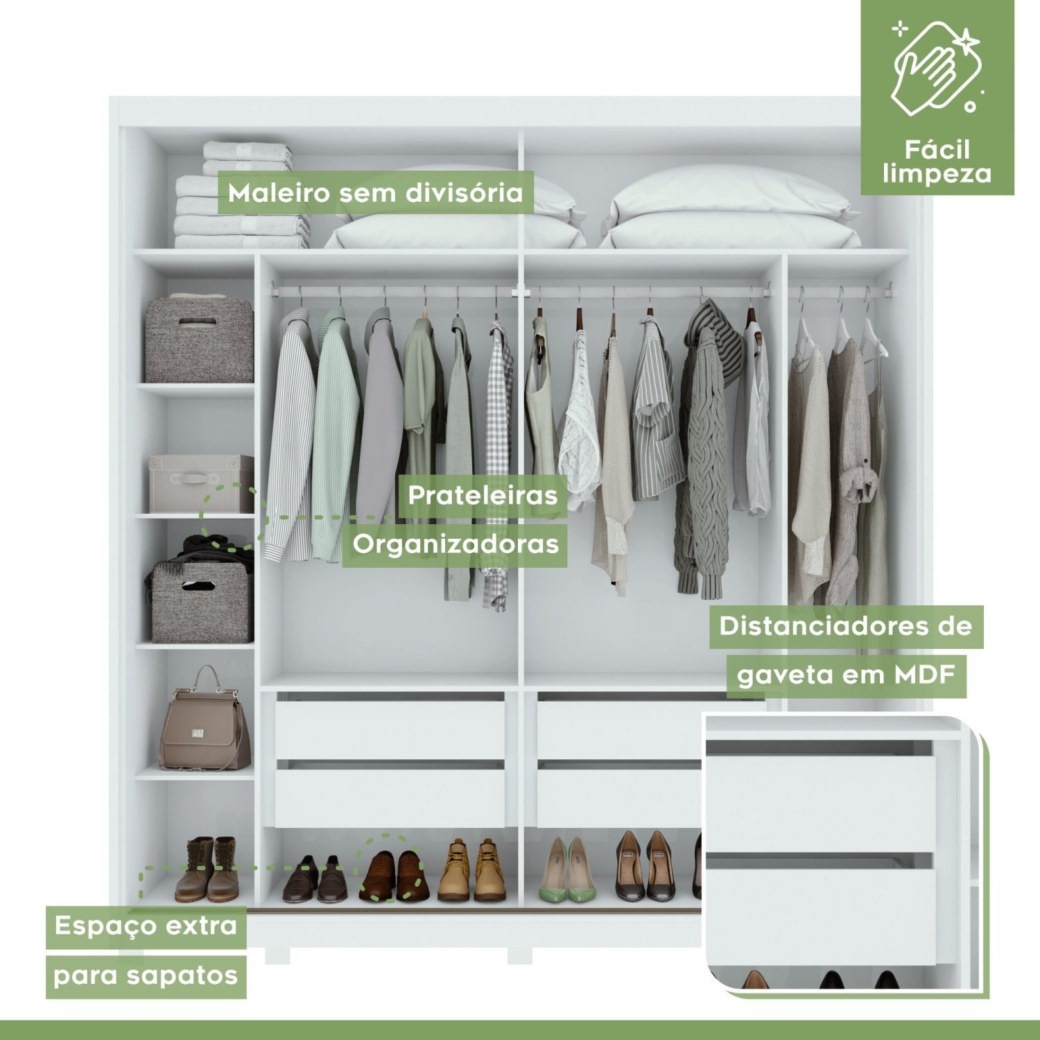 Guarda Roupa Casal Ripado 2 Portas 4 Gavetas com Pés Upper Yescasa  - 6