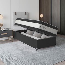 Cama Box Baú Solteiro + Colchão Londres Molas Ensacadas Pocket - 74x88x188cm - Suede Veludo Cinza - 3