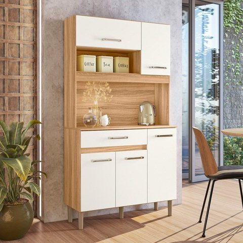 Armário de Cozinha 5 Portas 1 Gaveta Magazin Branco/Freijó/Off White Cristal