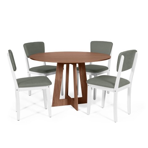 Mesa de Jantar Redonda Montreal Noronha com 4 Cadeiras Estofadas Ella Branco/cinza