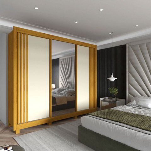 Guarda-Roupa Casal Imperialle 3 Portas 4 Gavetas Ripado 100% MDF com Espelho Naturale/Off White - Pn