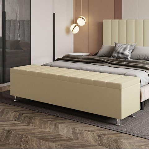 Calçadeira Baú Recamier Estofado King 195 Cm Ônix Linho Creme