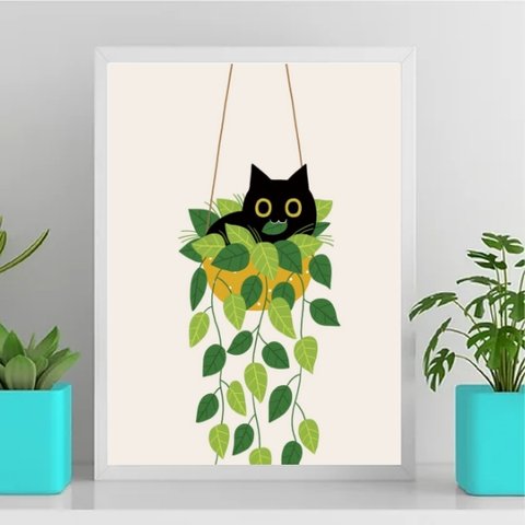 Quadro Gatinho no Vaso de Planta 24x18cm:madeira Preta