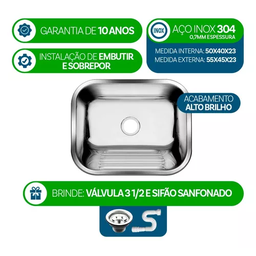 Tanque Inox 304 As Brilho 50x40 Grande32l Sobrepor Embutir - 2