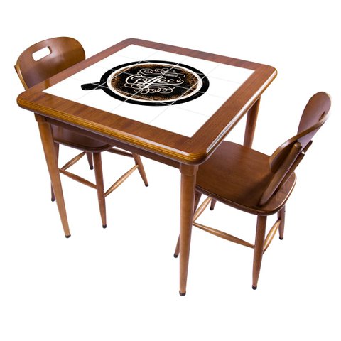 Cj Mesa Madeira Azulejo 80x80cm - Base 4pé 78cm + 2 Cadeiras 43 - Natural - Coffee