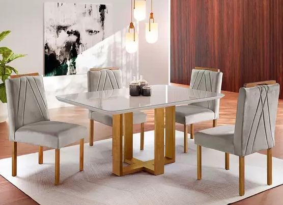 Mesa de Jantar Lisy Tampo Mdf e Vidro Off 120x80 com 4 Cadeiras de Madeira Maciça Safira Bege