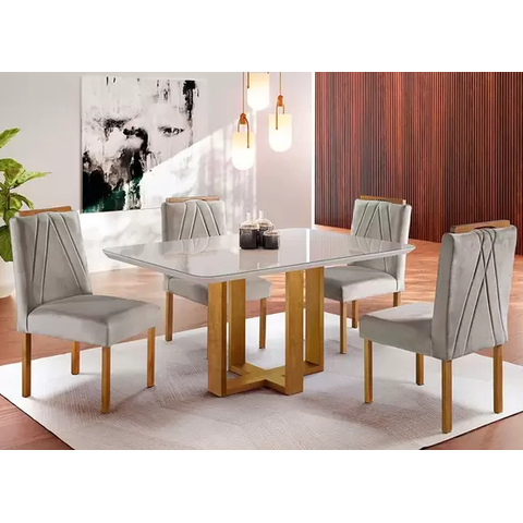 Mesa de Jantar Lisy Tampo Mdf e Vidro Off 120x80 com 4 Cadeiras de Madeira Maciça Safira Bege