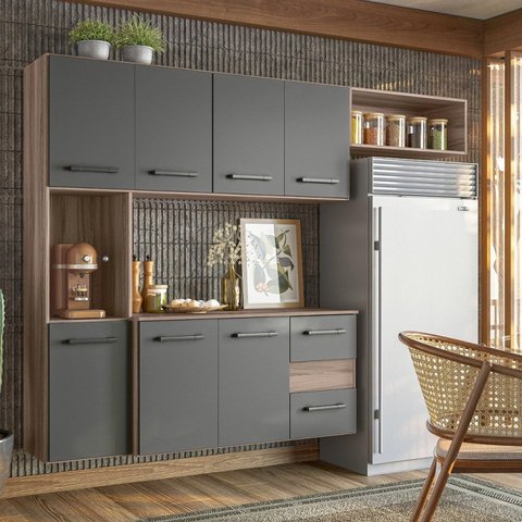 Cozinha Compacta Modulada Suspensa 7 Portas 2 Gavetas Juliete Cinza/Carvalho Nature/Chumbo