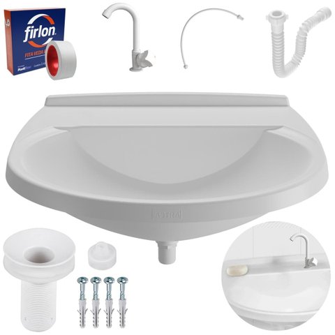 Pia Lavatório Banheiro 8L + Torneira Branca + Sifão Universal Sanfonado + Engate Flexível + Fita Ved