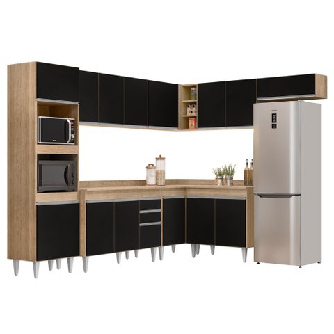 Armário de Cozinha Modulada de Canto 8 Peças CP02 Balcão com Tampo Castanho/Preto - Lumil Lumil Móve