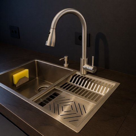 Kit Cuba Calha Gourmet Pia+torneira Escovada Monocomando+acessórios Profissional Aço Inox 304 Cozix