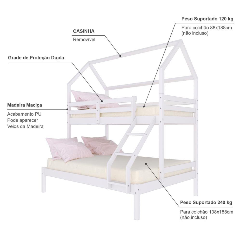 Beliche Casinha Casal/solteiro Slim Rb Madeira Maciça Branco Housin - 3