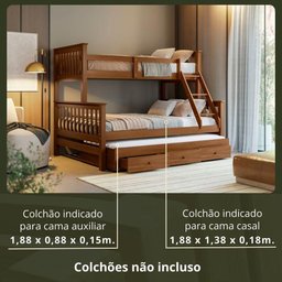 Treliche com Cama Casal em Madeira e Aux Solteiro C- Gavetas Woodstore - 4