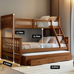 Treliche com Cama Casal em Madeira e Aux Solteiro C- Gavetas Woodstore - 2