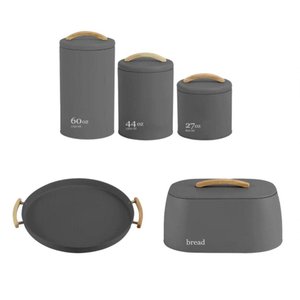 Kit 3 Potes Mantimentos + Portão Pão + Bandeja em Metal e Bambu Sense Chumbo ou
