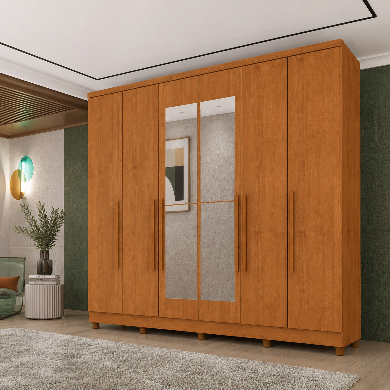 Guarda Roupa Casal com Espelho e pés 6 Portas 4 Gavetas 239cm