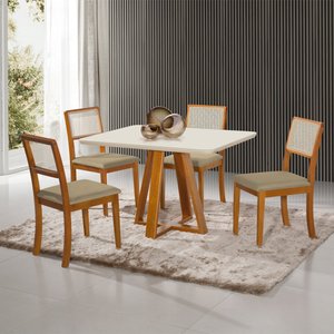 Mesa Jantar Luxo Pérola 120x90 Off White com 4 Cadeiras Palha Veludo Bege Telinha Rubi Madeira Maciç