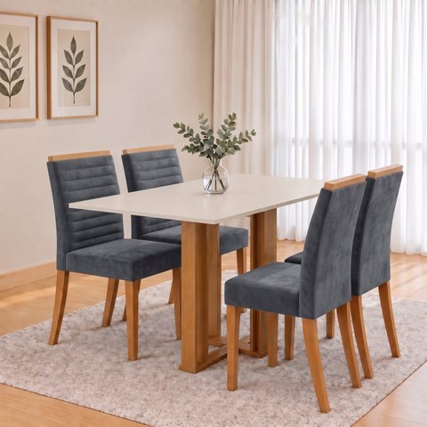 Conjunto Sala de Jantar Mesa Manu 120cm Tampo MDF e Vidro Canto Reto 4 Cadeiras Tainá