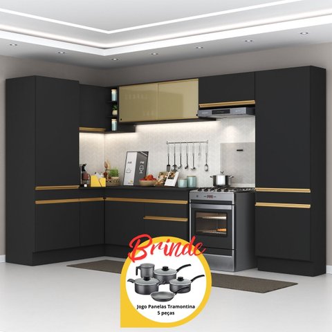 Armário Cozinha Completa Canto Veneza Mp2090 Multimóveis Preto + Brinde Jogo de Panelas Tramontina