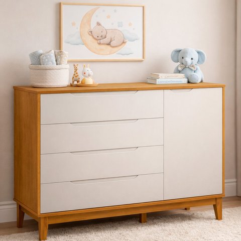 Comoda Sapateira Elfe Classic 1 Porta 4 Gavetas Areia Fosco com Savana - Moveisaqui